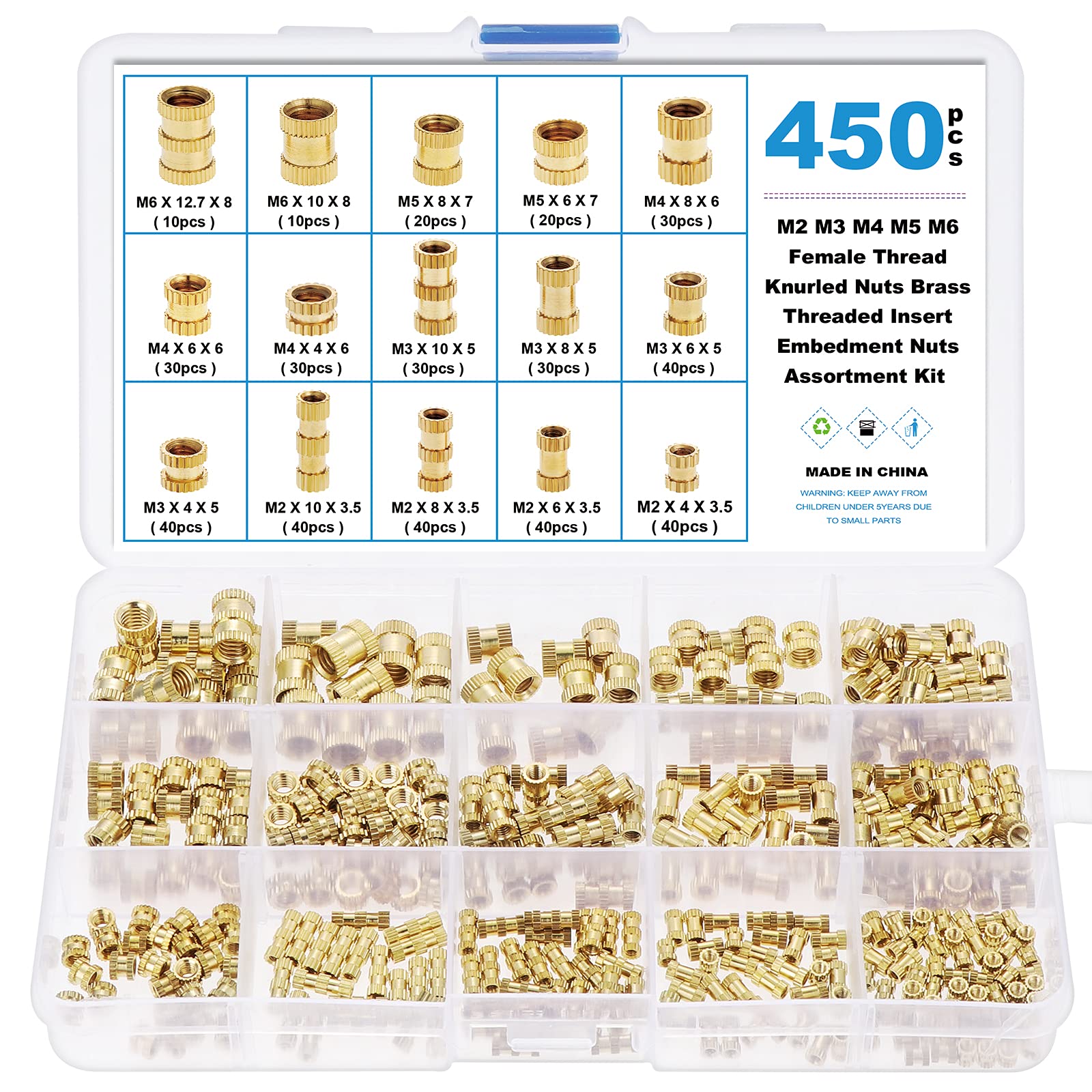 Gueenky 450PCS Female Thread Knurled Nuts, M2 M3 M4 M5 M6 Brass Threaded Insert, 15 Sizes Embedment Nuts Assortment Kit with Storage Box for 3D Printing Injection Moulding — image 1