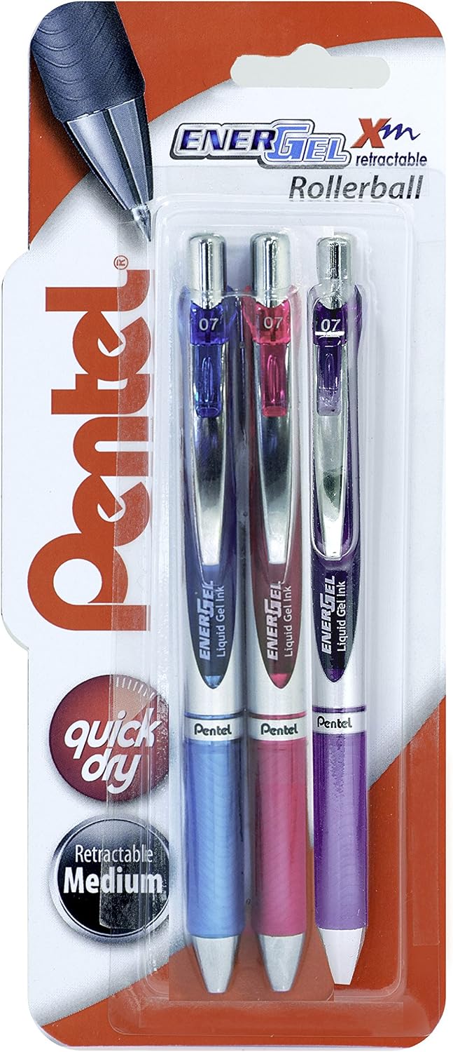 Pentel EnerGel 0.7 mm XM Retractable Roller Ball Gel Pen - Pink/Sky Blue/Violet