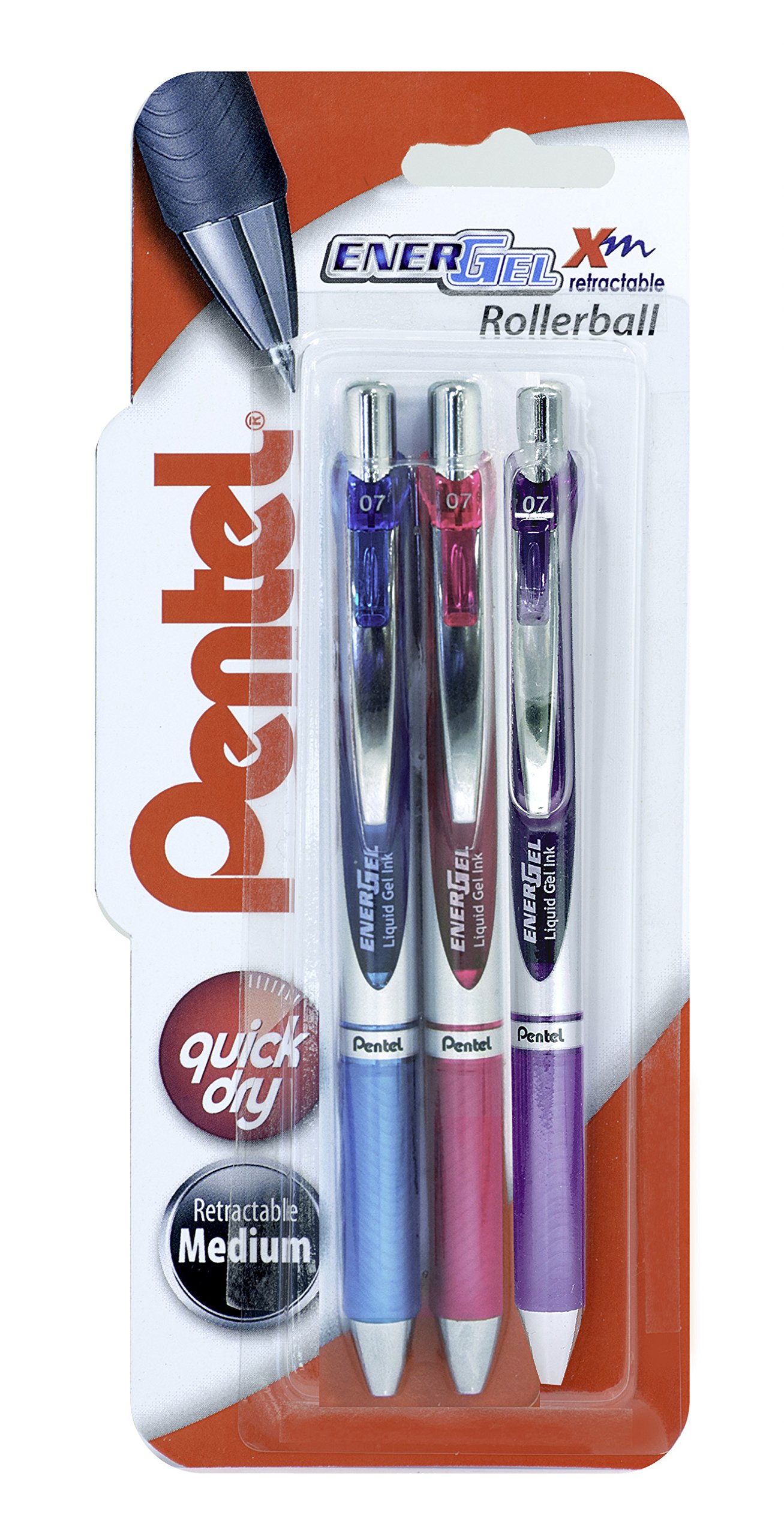 Pentel EnerGel 0.7 mm XM Retractable Roller Ball Gel Pen - Pink/Sky Blue/Violet Pack of 3, XBL77/3-PSV
