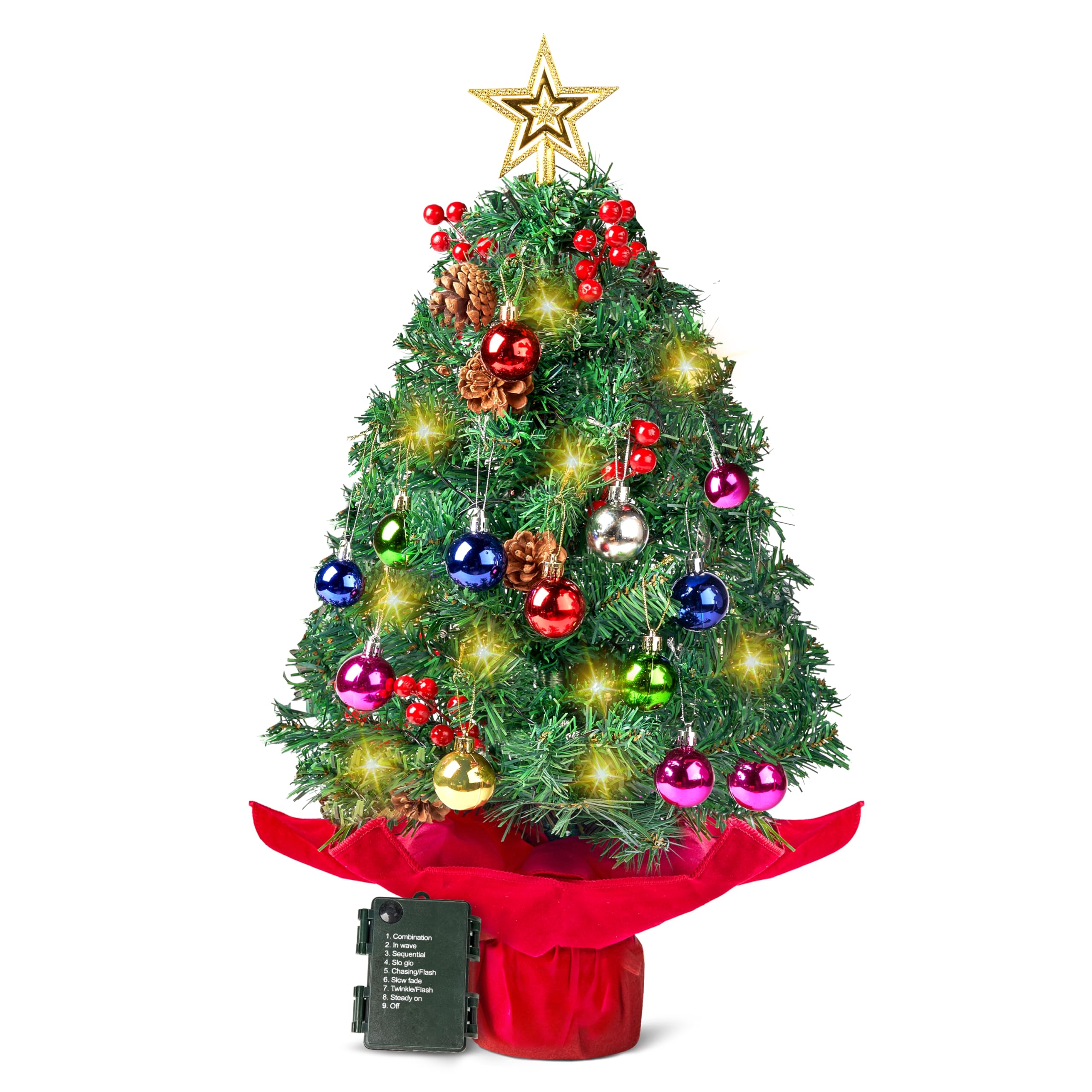 Joiedomi 24" Prelit Tabletop Christmas Tree with Warm Lights, Holly Berries, Pine Cones for Best Holiday Season Decorations