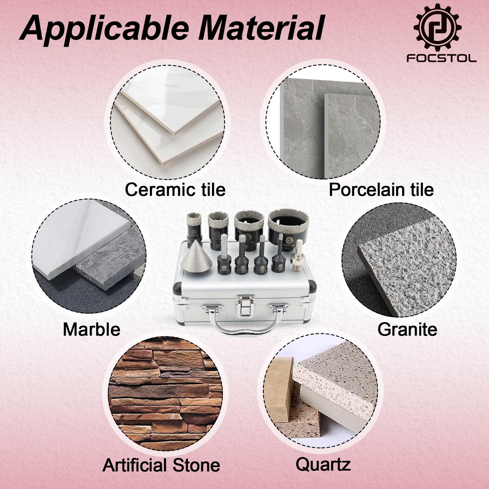 FOCSTOL Diamant Fliesenbohrer Set - 6/8/10/25/35/50/68mm+10mm Fingerfräser+50mm Fasenbohrer+Sechskantschaft Adapter für Porzellan Keramik Fliese Marmor Granit Stein Quarz Packung mit 10 5