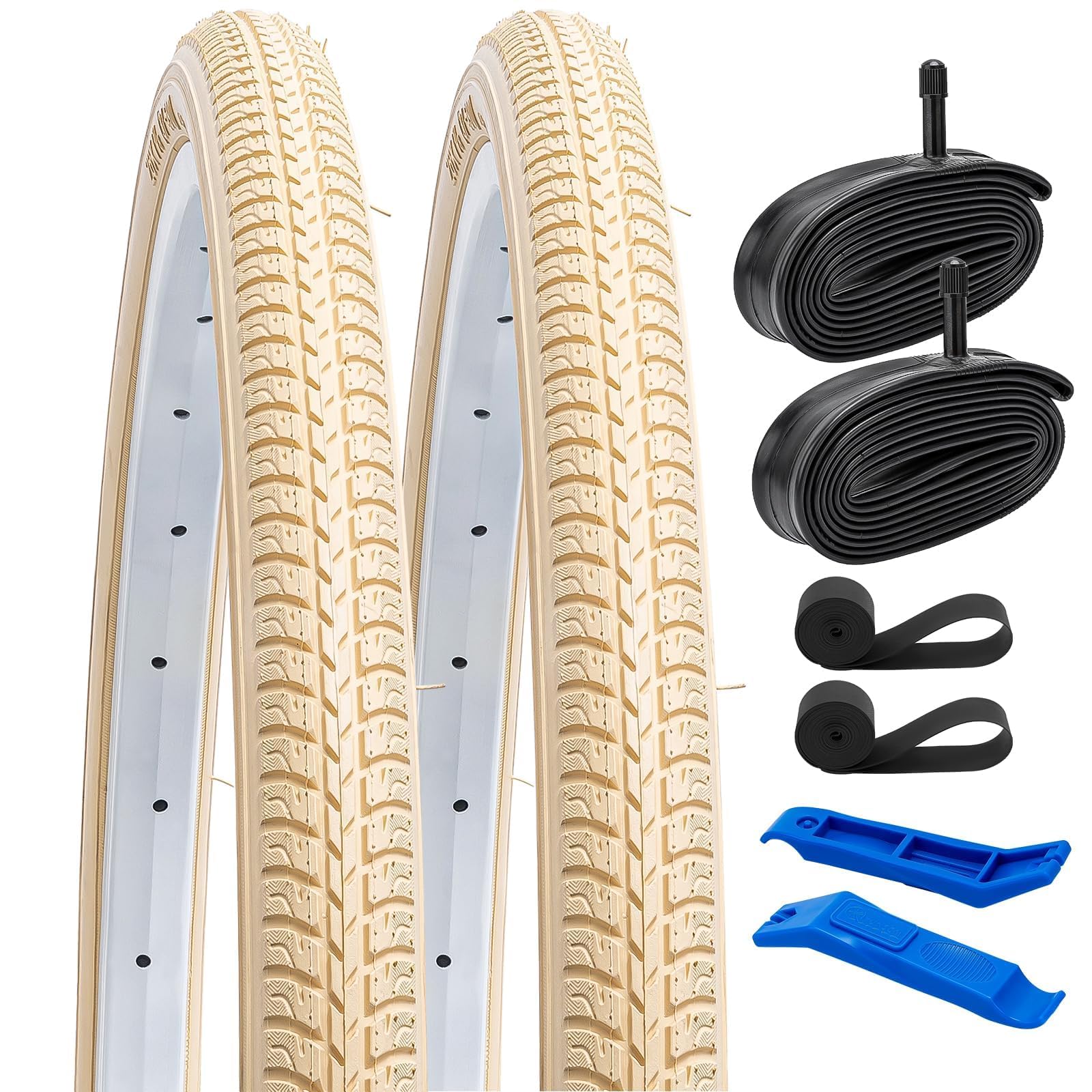 Photo 1 of ** size 24***YUNSCM 2-PCS 26x1 3/8 (37-590) Beige Bike Tires and 26x1 3/8" Heavy Duty Bike Tubes Schrader Valve with 2 Rim Strips Compatible with Road Bike 26 x 1 3/8 26x1 3-8 Bicycle Tires and Tubes (Y-1072)