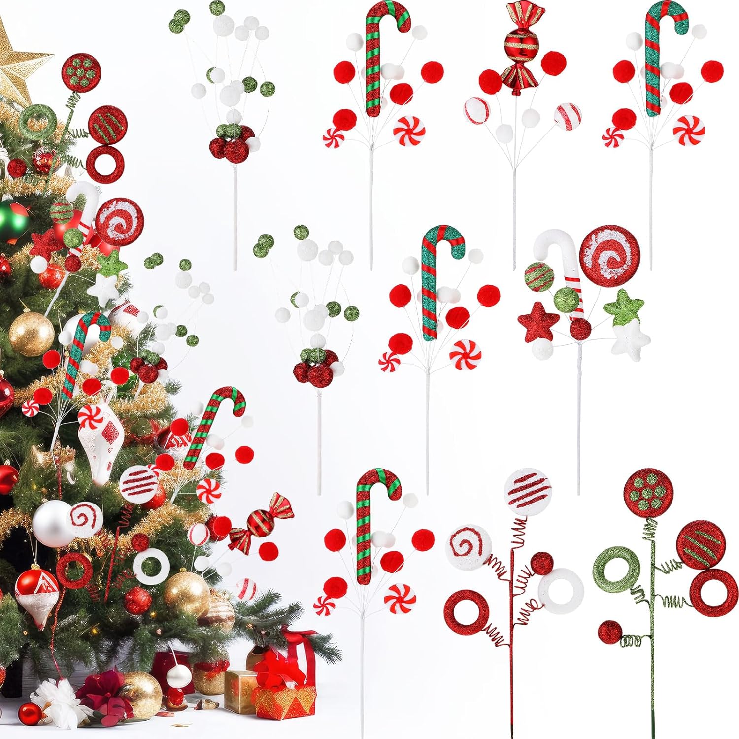 Tree Toppers - Lyrow 10 Pcs Christmas Tree Picks Christmas Candy and Lollipop Pick Red White Green Christmas Tree Picks Decoration Lollipop for Xmas Tree Topper Decor Vase Filler Craft Wreath Holiday Party Ornament