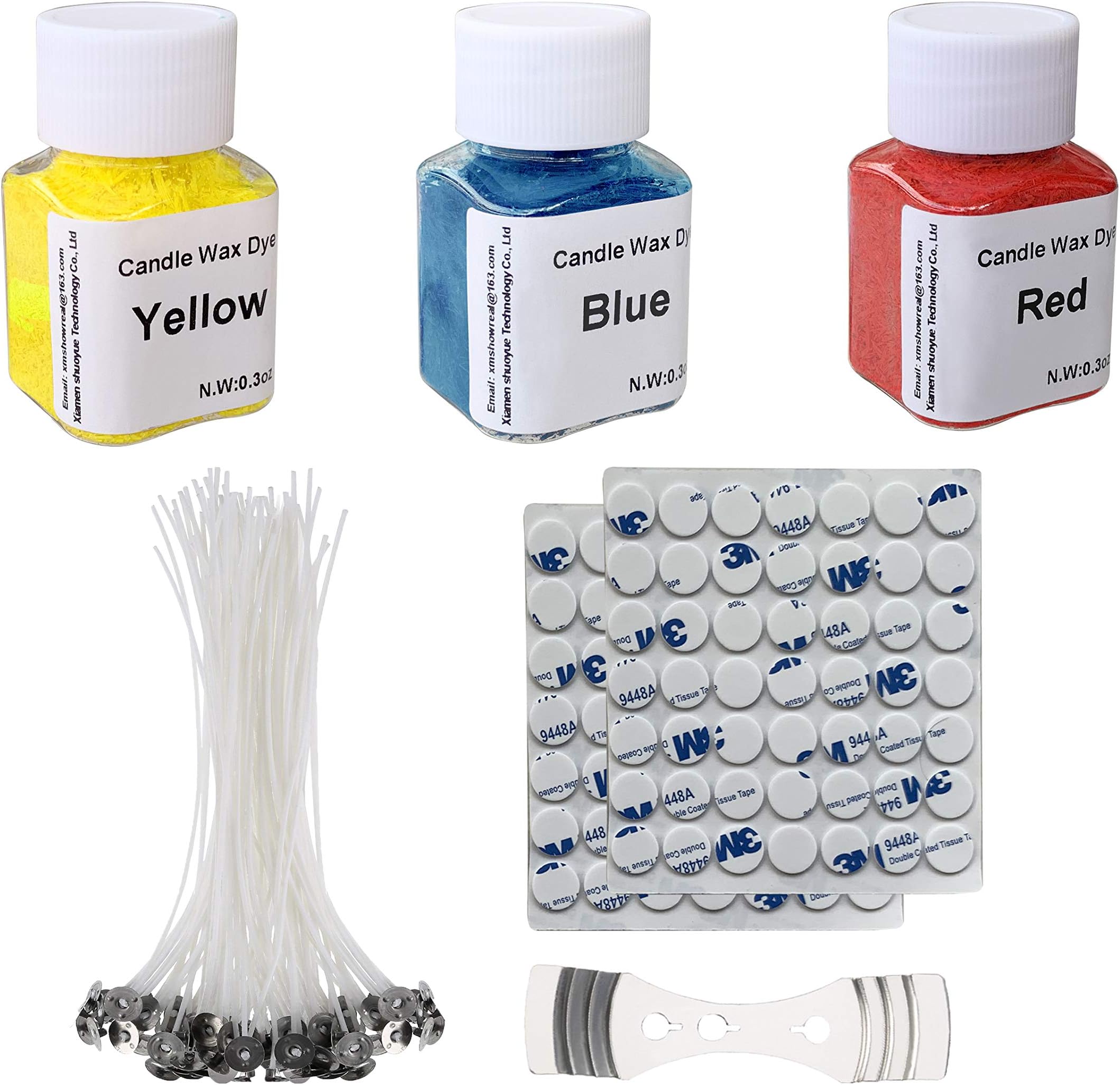 Color Candle DIY Kit， 3 Primary Color high Concentration Bottled Candle Wax Dye, 100 Pieces 5 Inch Pre-Waxed Pre-Tabbed Low Smoke Candle Wicks with Stickers and 1 Candle Wick Centering Device