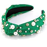 VELSCRUN Green Headband Knotted Pearl and Rhinestone Headbands for Women and Girls - White Crystal Hair Accessory, Wide Top Knot Band, Holiday Gift for Mothers and Sisters