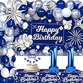Blue 11th Birthday Decorations for Boys Girls, 11th Silver and Navy Blue Birthday Decorations for Him Her with Happy Birthday Backdrop Banner Tablecloth Balloons Arch Foil Balloons Party Supplies
