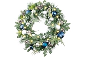 WANNA-CUL Pre-Lit 30 Inch Large Christmas Wreath for Front Door with 50 Led Lights, Silver Blue Lighted Christmas Door Wreath Decor with Ball Ornaments,Pine Cones, Battery Operated