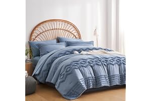 KAKIJUMN Blue Tufted 7-Piece Queen Comforter Set, Shabby Chic Boho Comforter and Sheet Set, All Season Soft Microfiber Complete Bedding Set