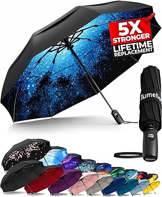 TUMELLA Strongest Windproof Travel Umbrella (Compact, Superior & Beautiful), Small, Wind-Tested, Light & Portable, Automatic Folding Rain Umbrella, Durable Premium Grip, Fits Car and Backpack