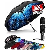 TUMELLA Strongest Windproof Travel Umbrella (Compact, Superior & Beautiful), Small, Wind-Tested, Light & Portable, Automatic Folding Rain Umbrella, Durable Premium Grip, Fits Car and Backpack