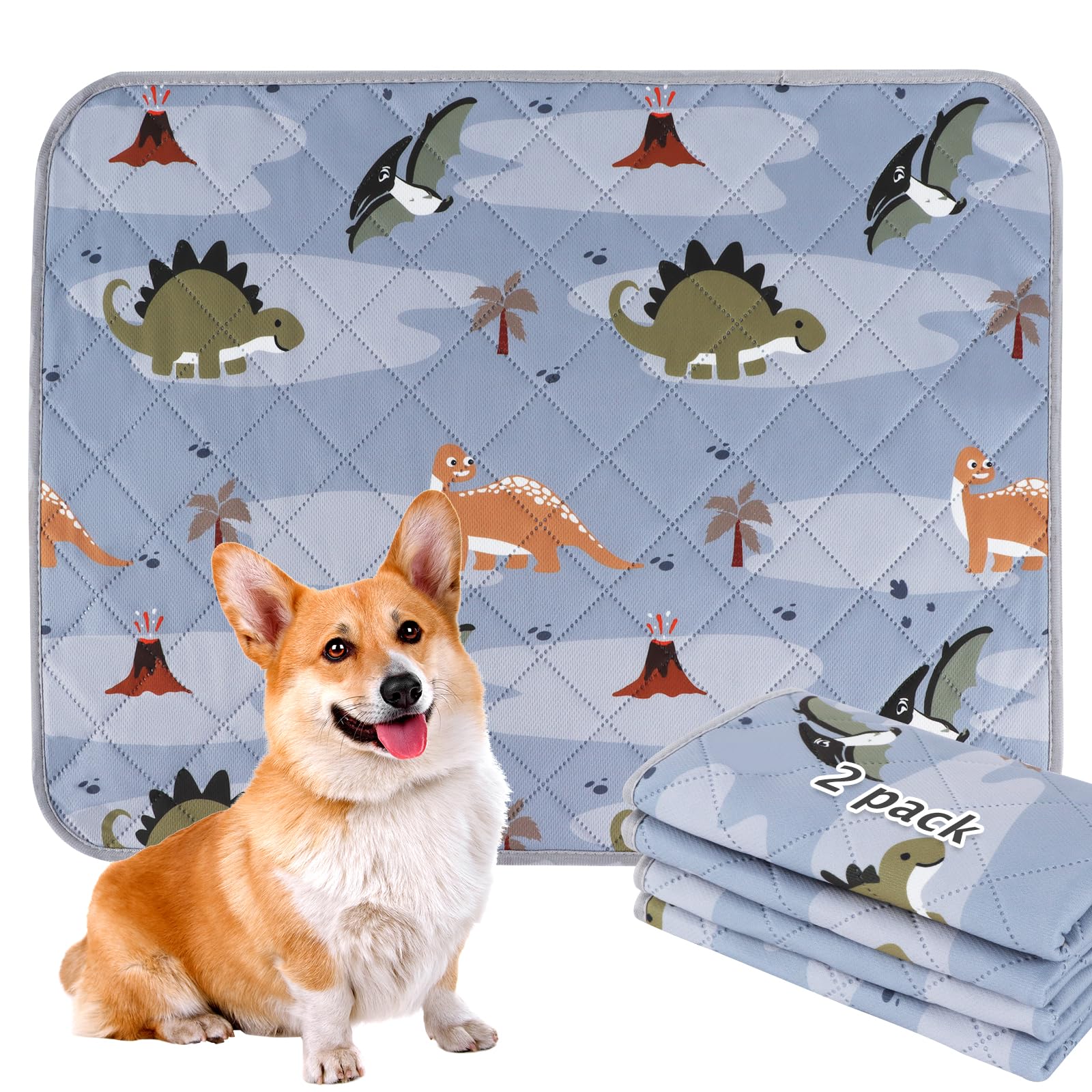 BVAGSS Washable Pee Pads for Dogs, 2 Pack Reusable Leakproof Puppy Wee Wee Pad, Non-Slip Waterproof Pet Training Pads, Super Absorbent Whelping Pads XH081 (Grey Dinosaur, 90x90cm)