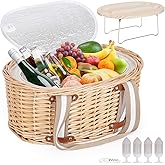 Zettfuly Picnic Basket Set for 4 - Wicker Insulated Picnic Basket with Folding Wine Table, Wine Picnic Kit with Liner for Couples, Camping, Outdoor, Valentine (WhiteFlower)