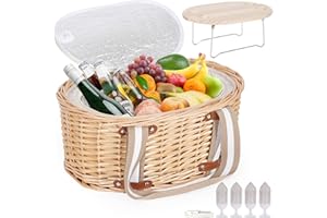 Zettfuly Picnic Basket Set for 4 - Wicker Insulated Picnic Basket with Folding Wine Table, Wine Picnic Kit with Liner for Couples, Camping, Outdoor, Valentine (WhiteFlower)