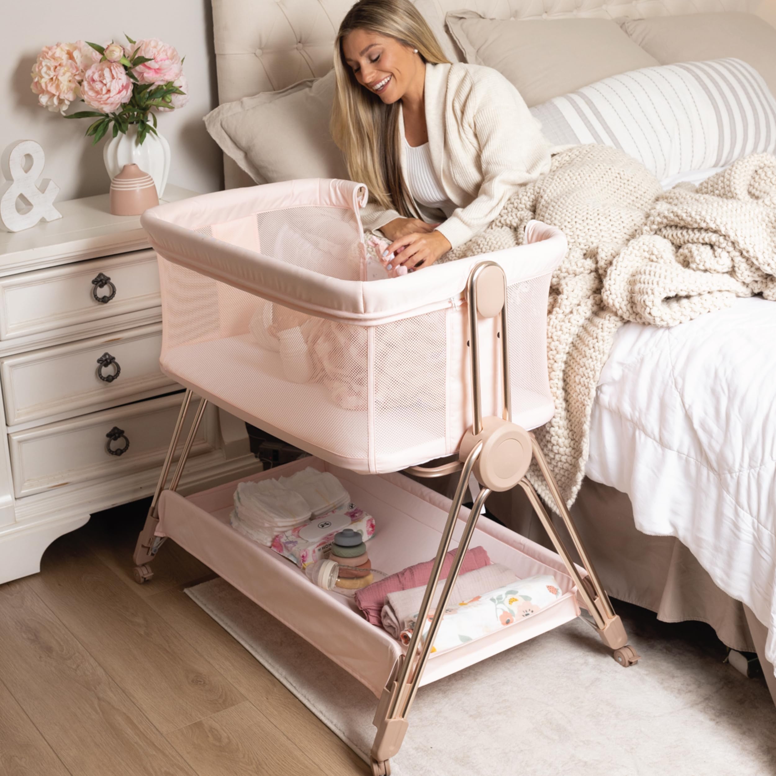 Photo 1 of KOOLABABY Baby Bedside Sleeper - Bassinet & Bedside Crib with Height Adjustment & Wheels - Can Be Placed Next to Bed - Attaches to Parents Bed - Easy to Fold & Carry Bassinet for Girls (Pink)