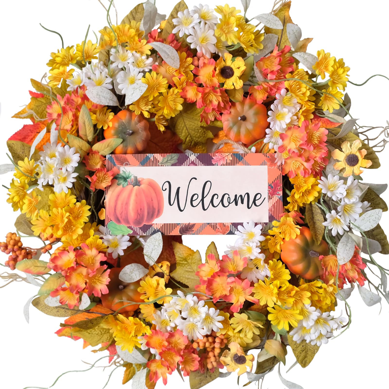 View 1 of idyllic 22 Inch Fall Wreaths for Front Door Outside, Pumpkin Sunflowers Yellow White Daisies Silk Leaves, Thanksgiving Decorations for Home Porch, Fall Decor
