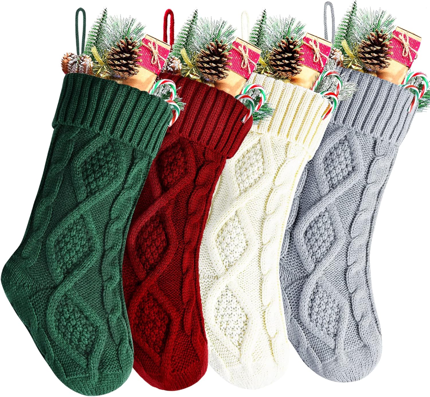 Stockings & Holders - Kunyida Pack 4,14 Inches Unique Burgundy, Green Ivory, Gray, Knit Christmas Stockings