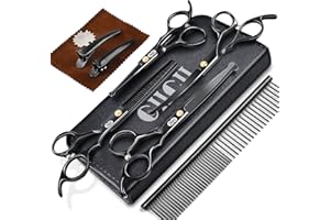 CIICII Dog Grooming Scissors Kit, 10-In-1 Professional Pet Grooming Scissors Set with Safety Round Tip (Dogs/Cat Hair Cutting Trimming Thinning Shears with Curved Scissors) for DIY Home Salon (Black)