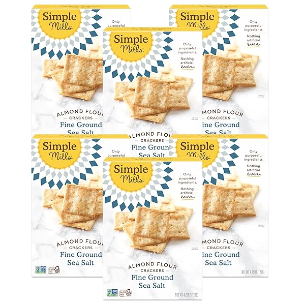 SIMPLE MILLS ALMOND FLOUR CRACKERS, FINE GROUND SEA SALT, GLUTEN FREE, FLAX SEED, SUNFLOWER SEEDS, CORN FREE, GOOD FOR SNACKS, MADE WITH WHOLE FOODS, 6 COUNT (PACKAGING MAY VARY)