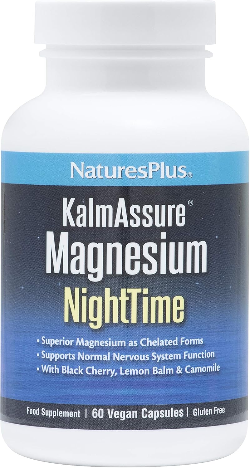 NaturesPlus Magnesium Night Time, Magnesium Glycinate and Taurate Supplement with L-Theanine, Ashwagandha, Lemon Balm, B6