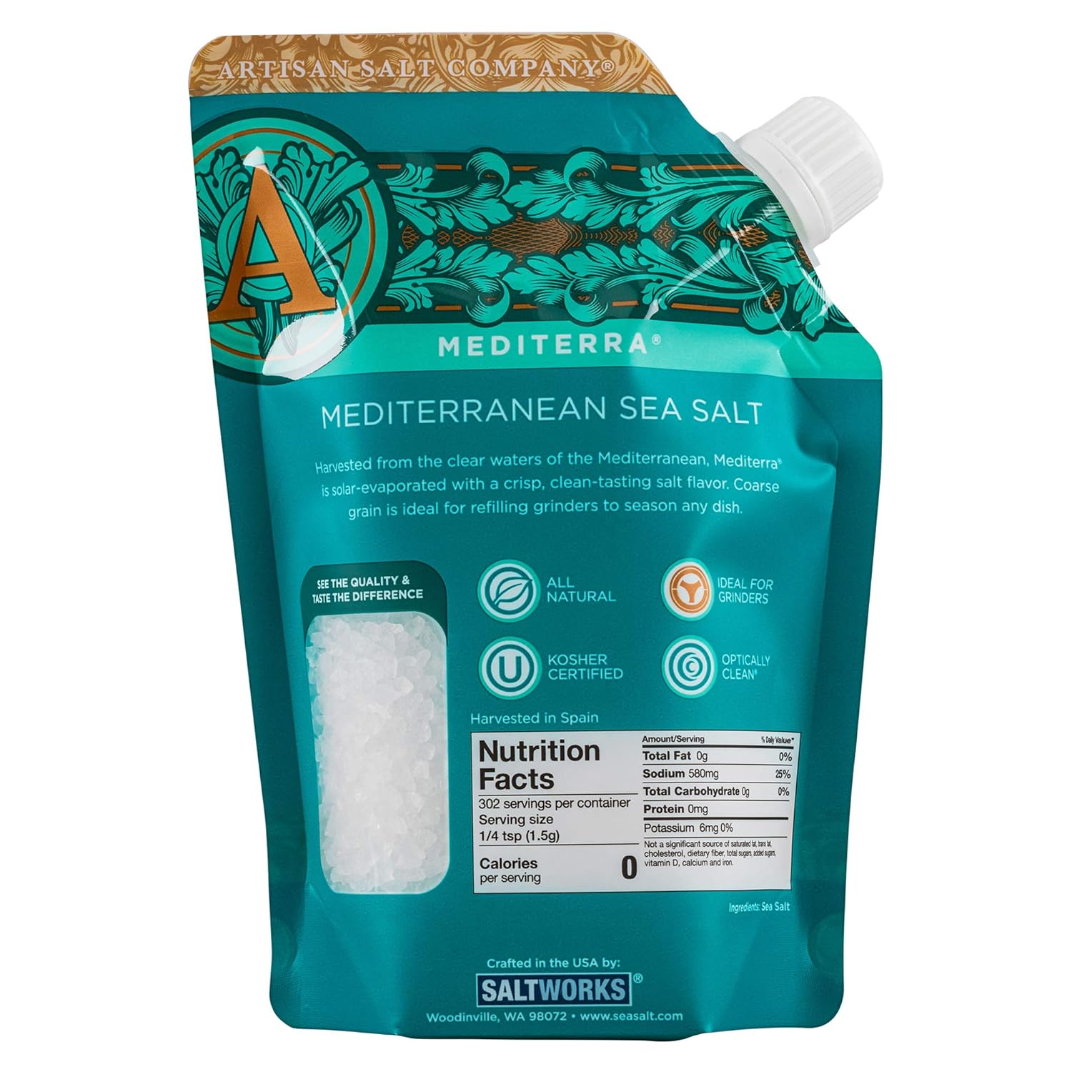 SaltWorks Mediterra Mediterranean Sea Salt, Coarse, Artisan Pour Spout Pouch, 16 Ounce : Grocery & Gourmet Food