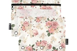 PJGINUIUA 3 Ring Binder Pencil Pouch 2 Pack Beautiful Roses Vintage Floral Pencil Case Pencil Bags with Zipper, Clear PVC Binder Pockets for Office Daily Supplies