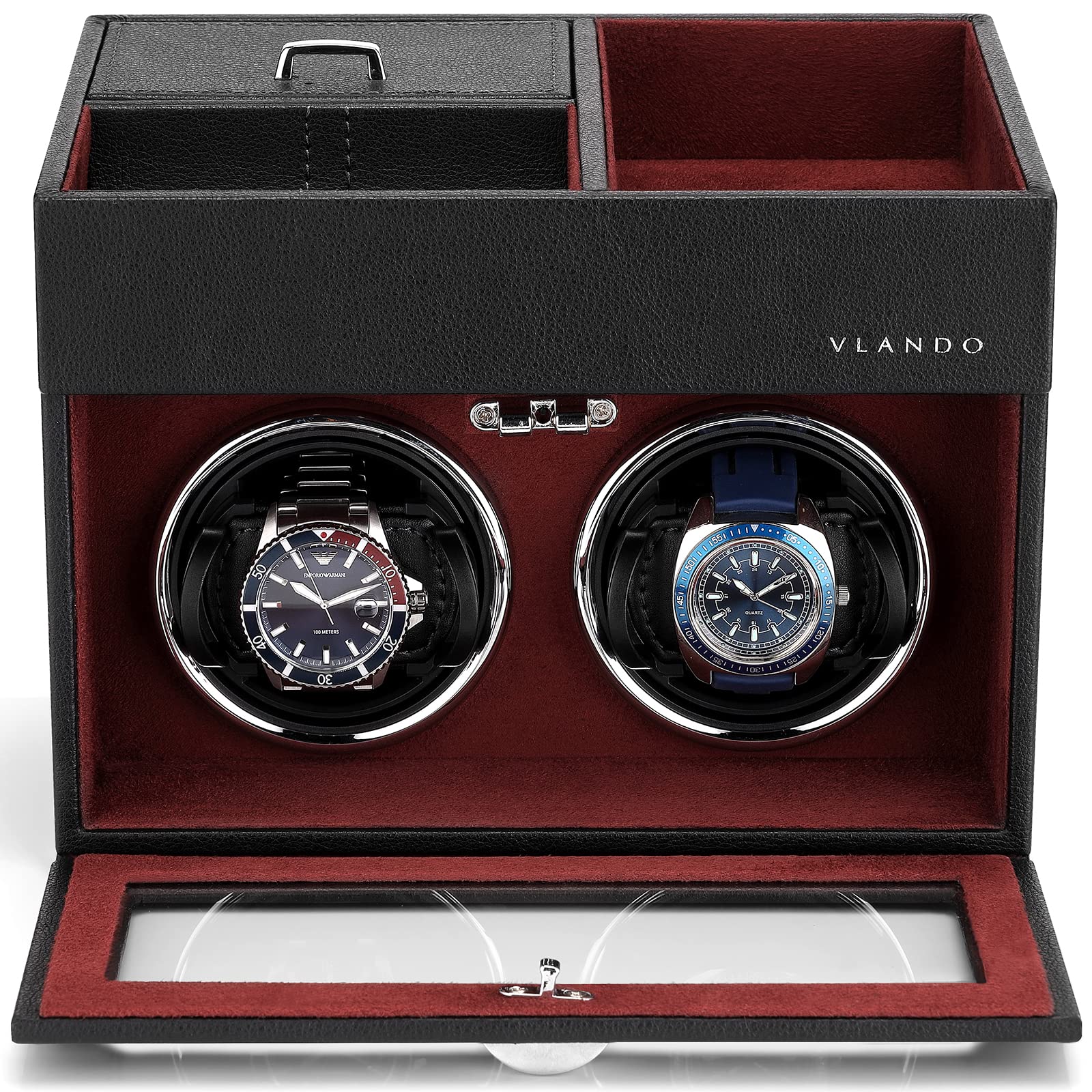 Photo 1 of Vlando Automatic Double Watch Winder - Watch Winder Box with Men Jewelry Organizer Tray, Japanese Quiet Motor, LED Light, Adjustable Watch Pillows - Red
