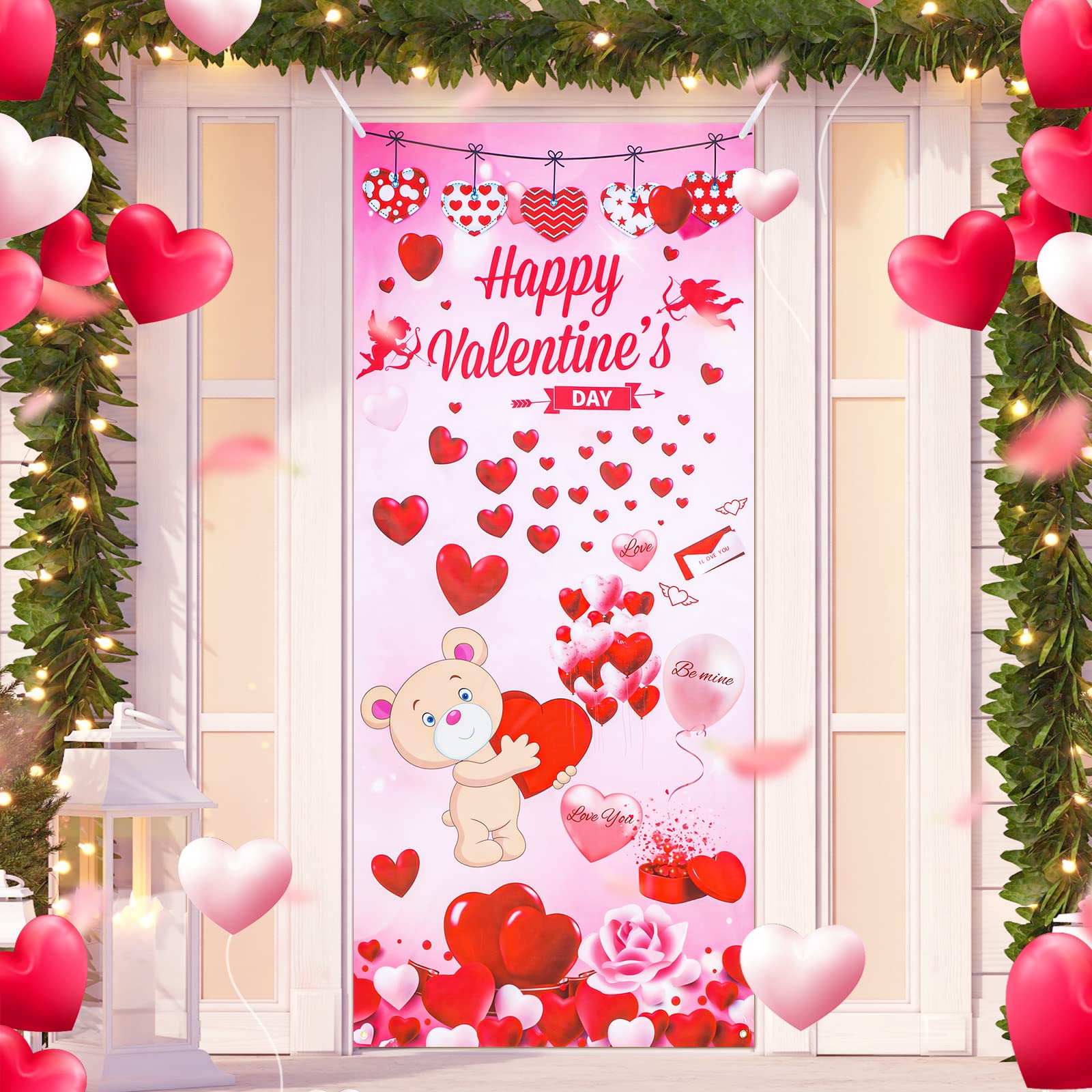 Tatuo Happy Valentine's Day Door Cover Large Fabric Valentines Day Accessories Hanging Holiday Door Streamers Romantic Valentines Decor Heart Flower Bear Backdrop Banner Indoor Outdoor Party Decor