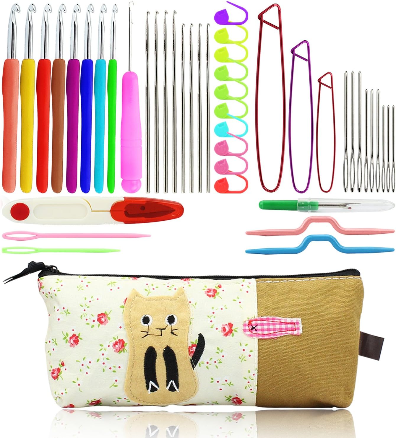 Crochet Hooks Ergonomic Crochet Hook Set with Case Plus Large-Eye Blunt Needles Yarn Knitting,Scissors,Locking Stitch Marke and Other Crochet Tools,Best Gift(47 Pieces)