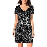 MANER Women's Sequin Glitter Short Sleeve Dress Sexy V Neck Mini Party Club Bodycon Dresses
