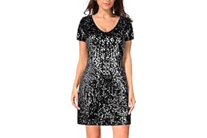 MANER Women's Sequin Glitter Short Sleeve Dress Sexy V Neck Mini Party Club Bodycon Dresses