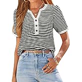 Puff Short Sleeve Sweater for Women Waffle Knit Striped Shirt V Neck Tops Dressy Casual Vacation Outfits