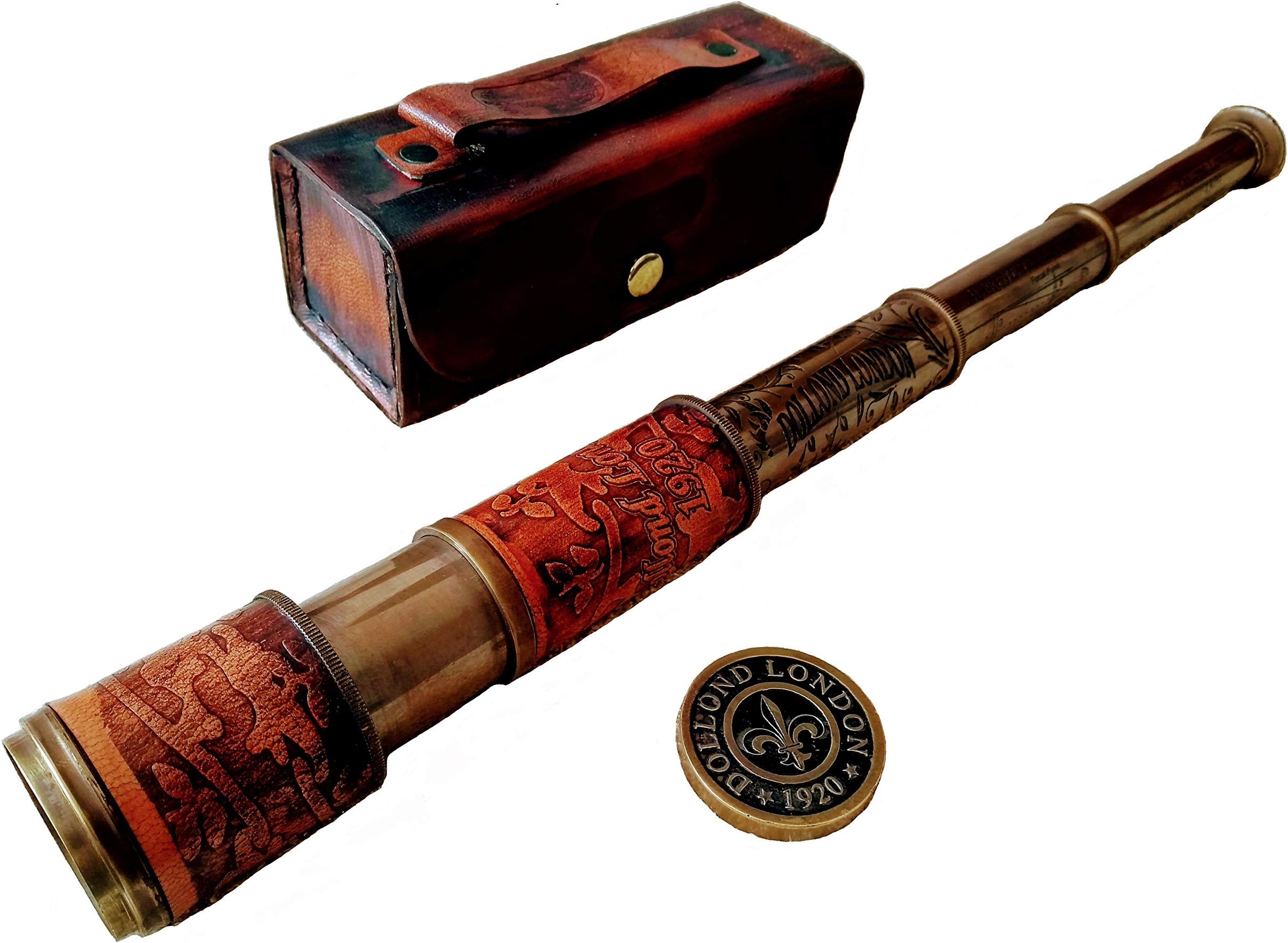 Shoptreed Antique Maritime Brass Dolland London 1920 Telescope Vintage Spyglass Marine Collectible in Leather Cover