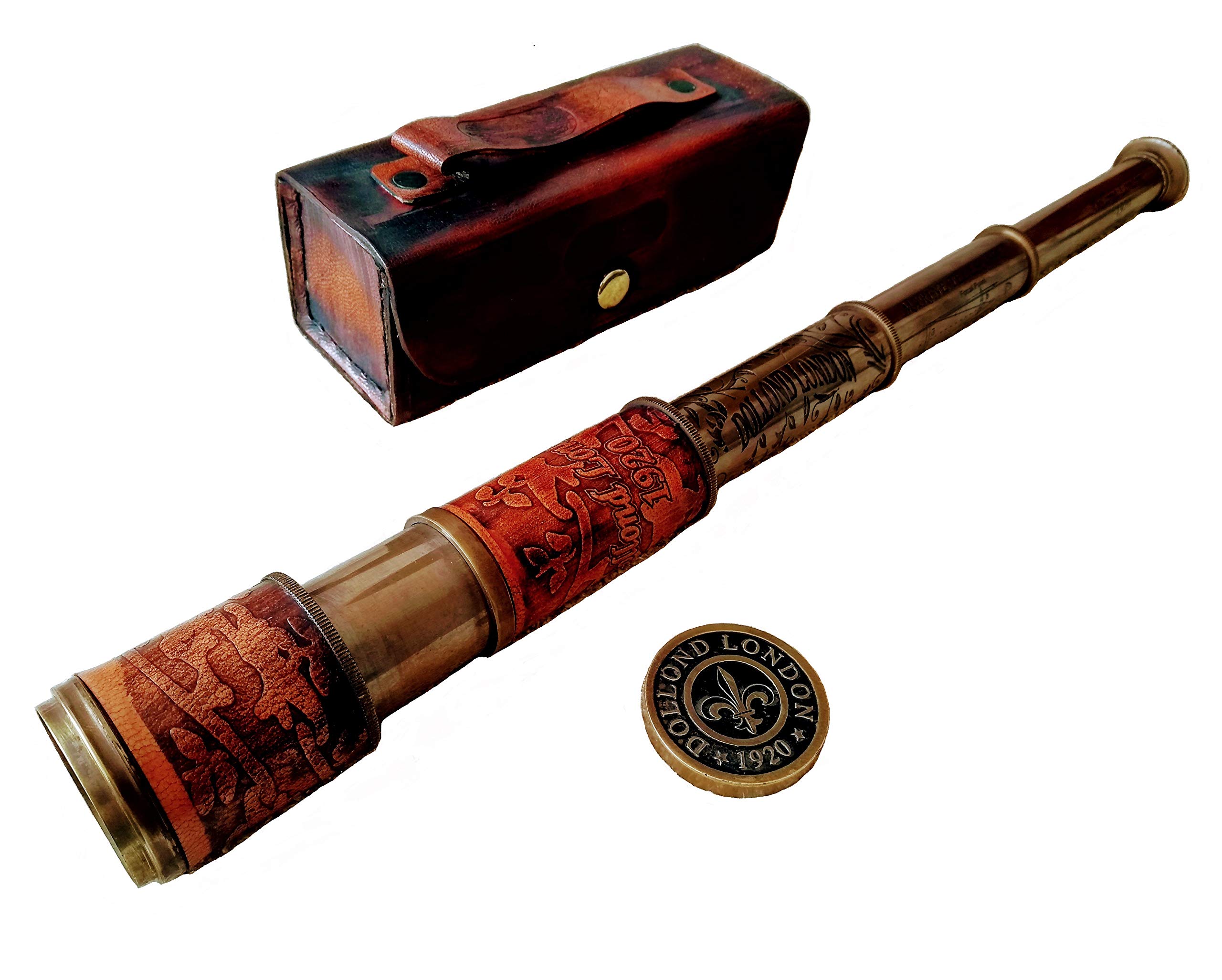 Shoptreed Antique Maritime Brass Dolland London 1920 Telescope Vintage Spyglass Marine Collectible in Leather Cover