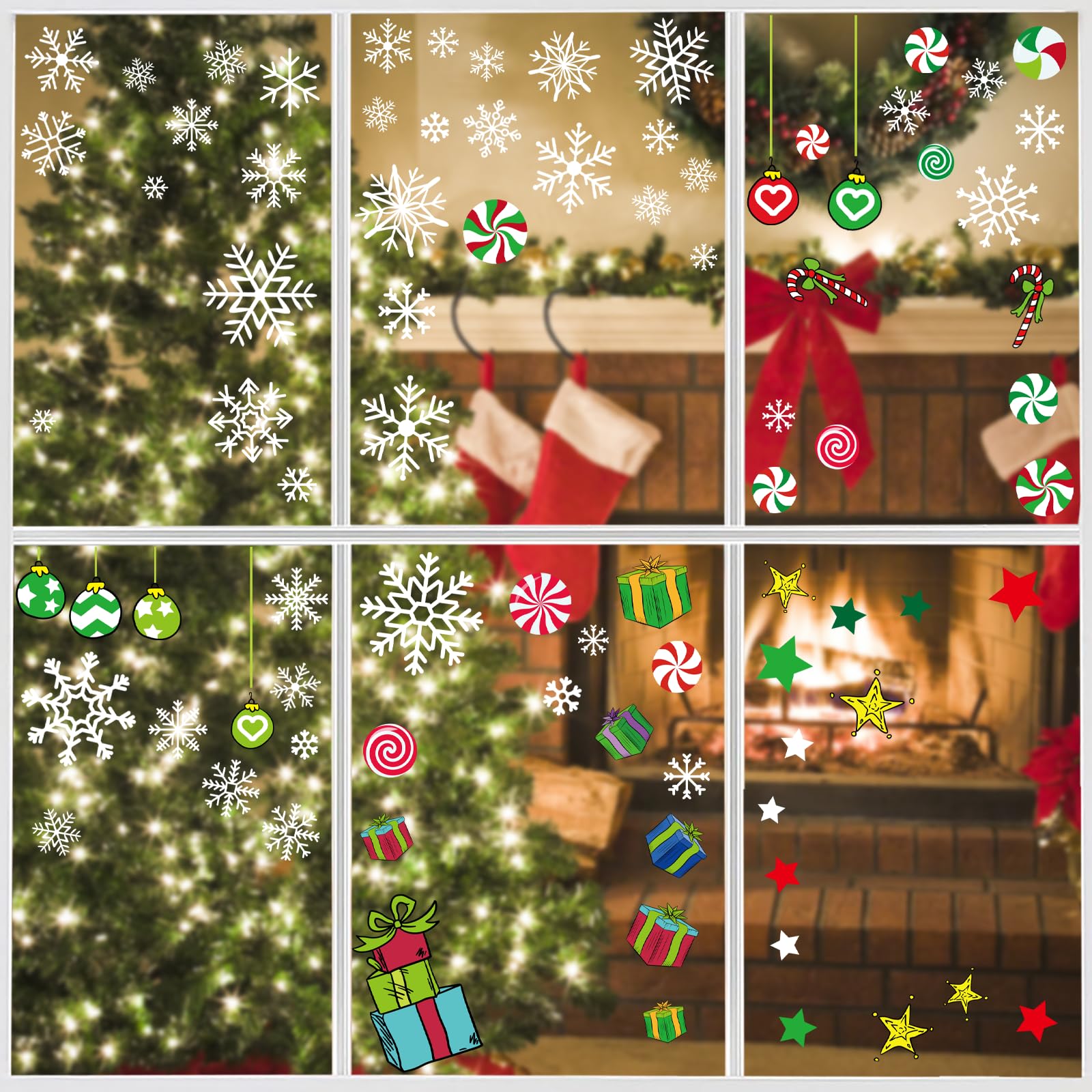 Christmas Window Clings - 100 PCS Elf Faces and Snowflake Stickers for Glass Windows, Double Sided Static Decals (9 Sheets)