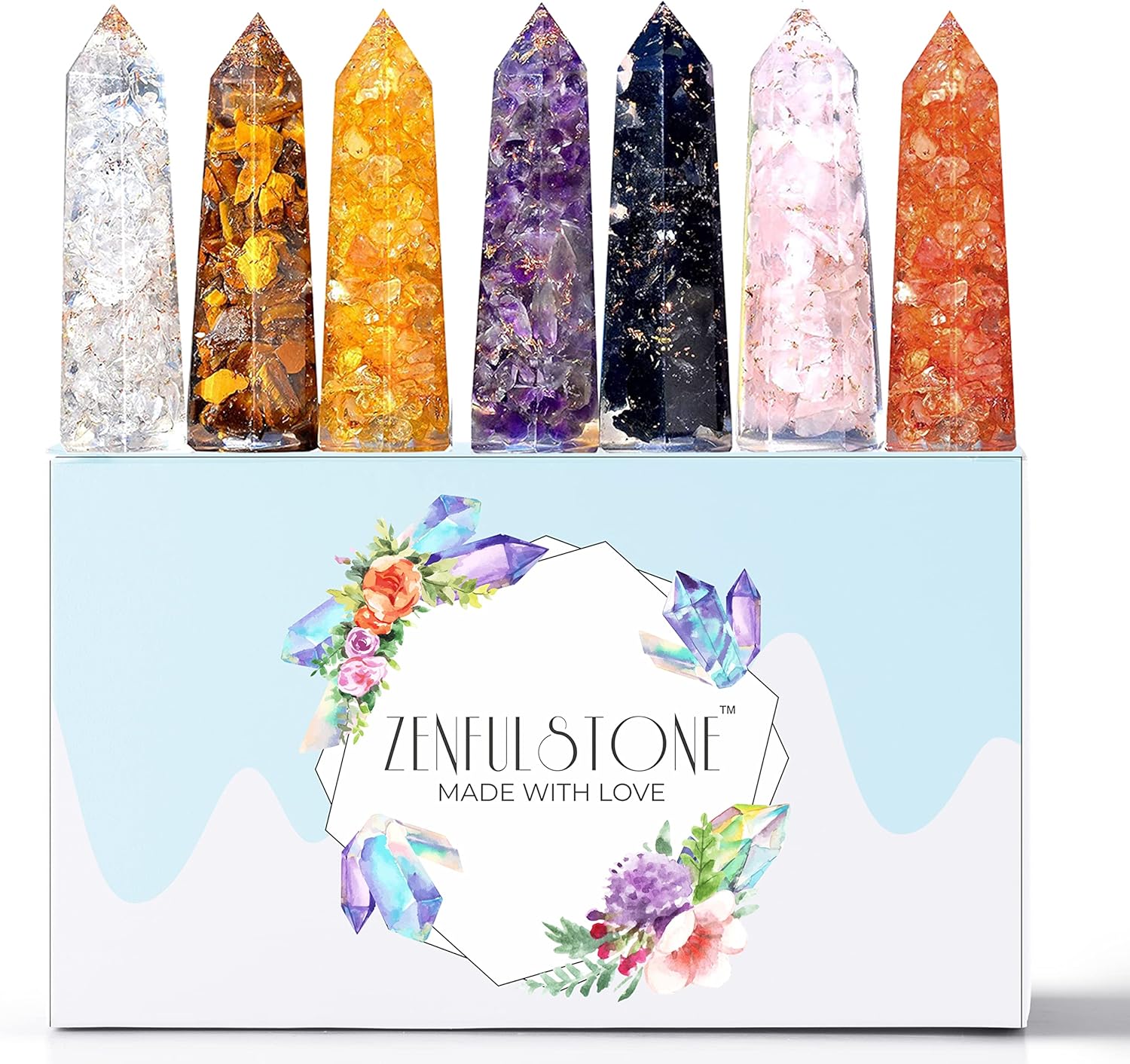 Mixed Media - Orgone Healing Point Wands Set of 7 Includes 3.5” Amethyst Crystal, Rose Quartz, Black Tourmaline, Tigers Eye, Citrine, Carnelian, and Clear Quartz-big crystals for Spiritual Meditation and Protection