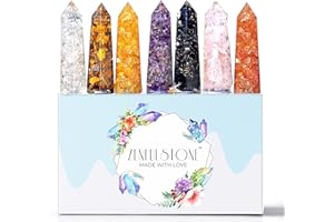 ZENFULSTONE Orgone Healing Point Wands Set of 7 Includes 3.5” Amethyst Crystal, Rose Quartz, Black Tourmaline, Tigers Eye, Citrine, Carnelian, and Clear Quartz-big crystals for Spiritual Meditation and Protection