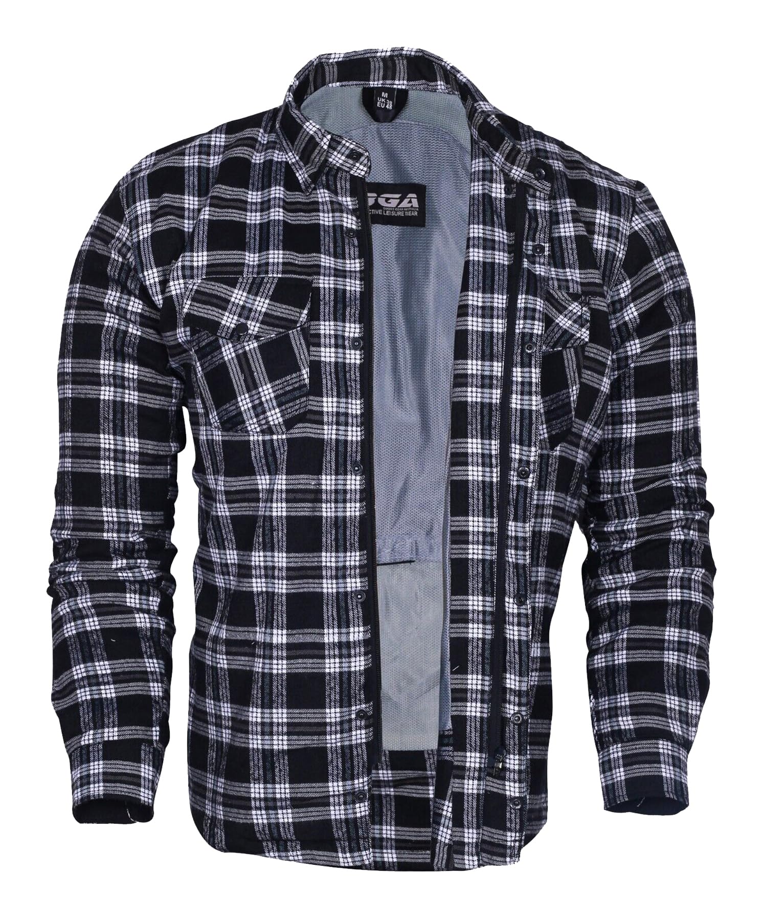 Bikers Gear Australia Motorcycle Kevlar Aramid Lined Protective Flannel Shirt Stripe, Black and White, Size M
