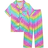 Sylfairy Girls Satin Pajamas Silk PJS Set Rainbow Unicorn Sleepwear Short Sleeve Long Pants Jammies for Toddler Kids