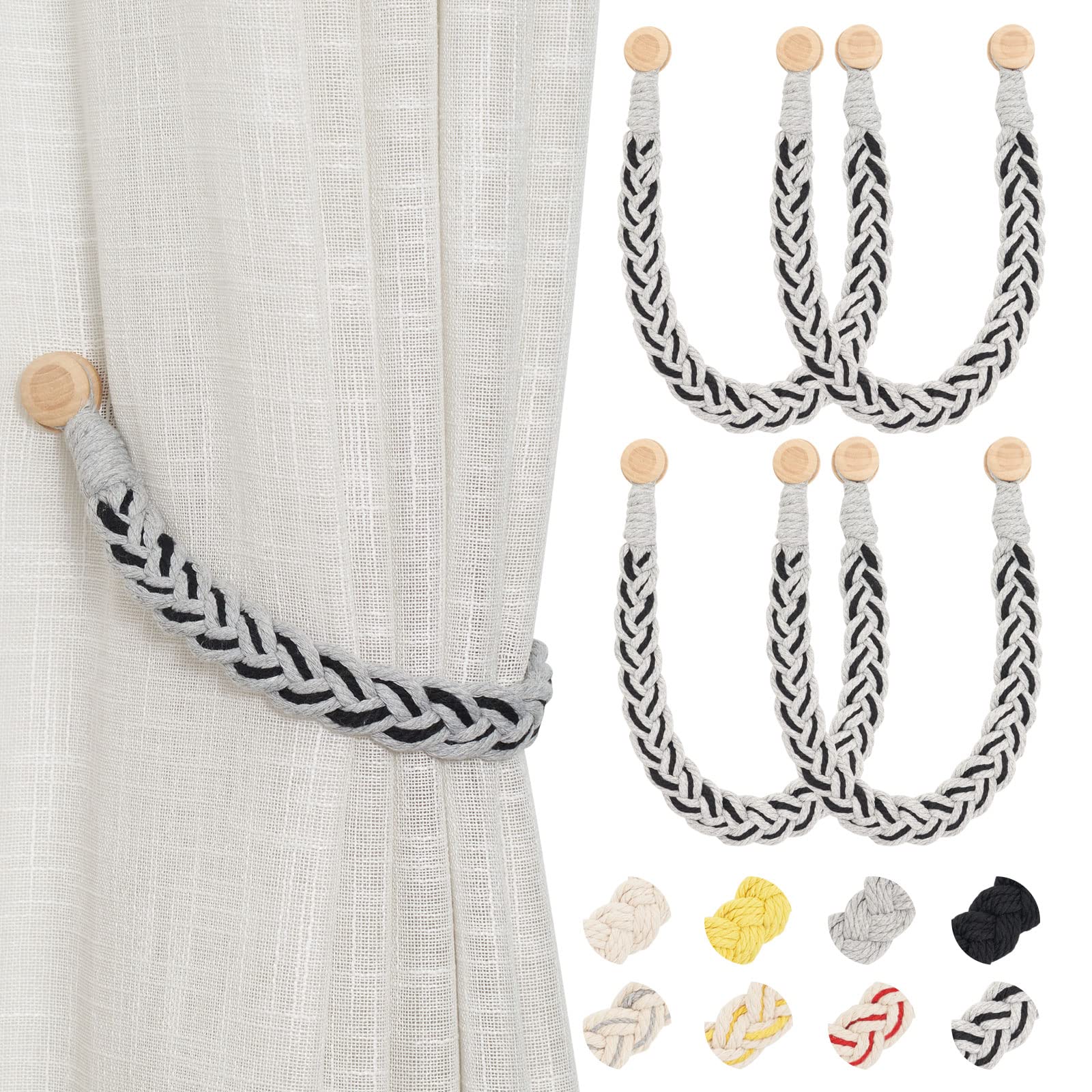 Pretty Jolly 4 Pack Wood Strong Magnetic Curtain Tiebacks Boho Style Decorative Drape Tie Backs Natural Cotton Hand-Woven Soft Rope Curtain Holdbacks for Home & Office Draperies Decor (Grey & Black) — image 1