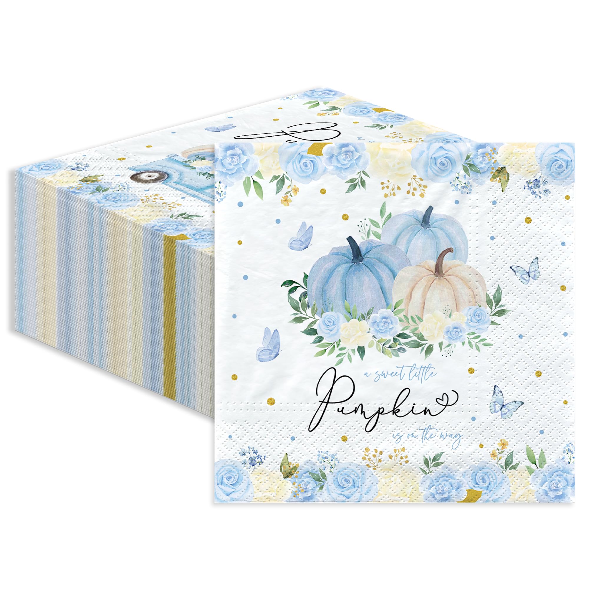 Photo 1 of 2 HIPVVILD Blue Pumpkin Baby Shower Decorations Napkins – 48 Pack Disposable Paper Napkins for Fall Thanksgiving Baby Boy Party Supplies Decorations for Gender Reveal, 6.5" x 6.5"