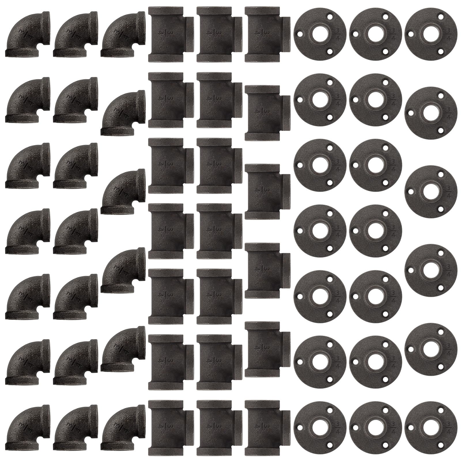 Photo 1 of Niubid 60 Pack 3/4 Inch Cast Iron Pipe Fittings (20 Elbows, 20 Tees, 20Flange), Industrial Pipe for Threaded Black Pipes and Fittings, DIY Steampunk Industrial Vintage Style.