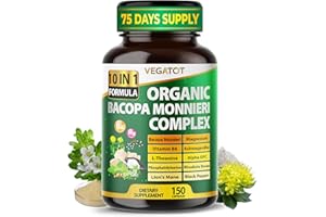 VEGATOT Premium Organic Bacopa Monnieri Complex 10-in-1 Formula with Magnesium, Vitamin B6, L-Theanine, Alpha-GPC & Ashwagandha – Supports Memory, Focus & Clarity – 150 Capsules