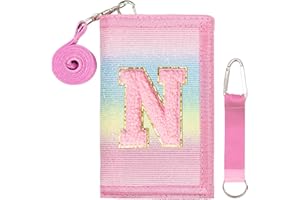 SiorVeol Girls Wallet for Kids Initial Glitter Wallets Trifold with Zipper and Card Slots Including Neck Lanyard and Hanging Strap, Rainbow with Stripes, N