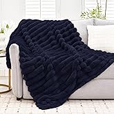 VFROO Faux Fur Throw Blanket for Couch, 850GSM Cozy Soft Plush Thick Striped Luxury Blanket for Sofa Living Room Bedroom,50 * 60 Inches, Navy Blue