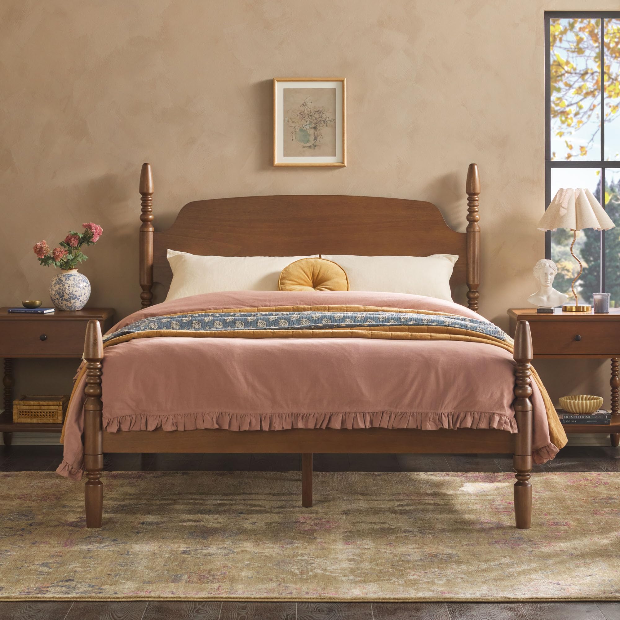 Photo 1 of Walker Edison EZ Assembly™ Traditional Wood Spindle Post Bed, Modern Farmhouse Bed Frame Queen Bed Frame with Headboard, No Box Spring Required, Queen Size, Dark Brown