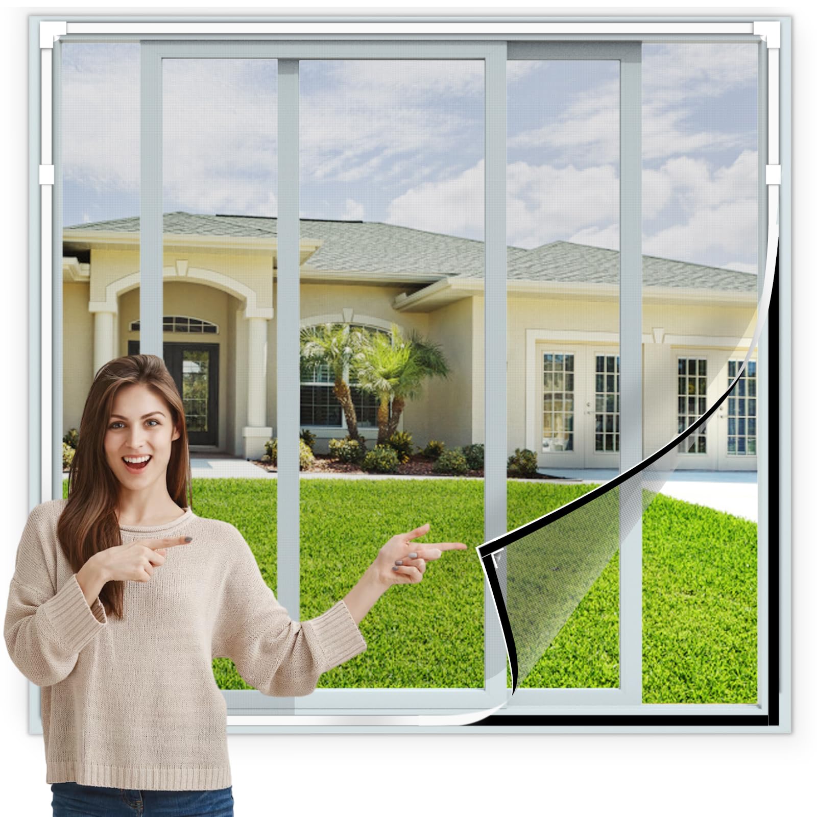Magnetic Fly Screen Window Adjustable DIY Max 150x130cm Fiberglass Screen Mesh Fits Any Size Smaller with White Window Frames and Grey Mesh