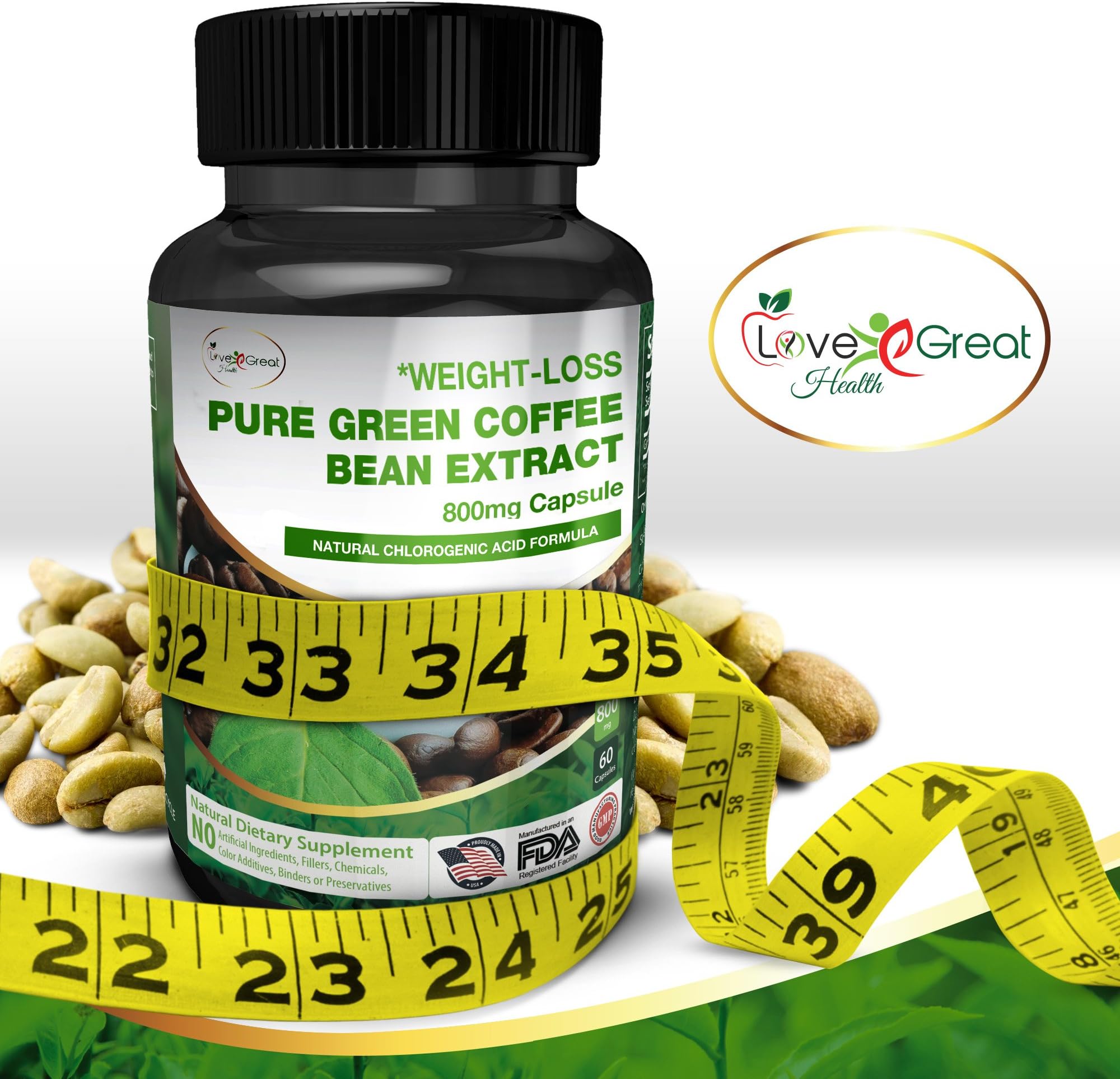 Pure Green Coffee Bean Extract 800mg 60 Capsules 50% Chlorogenic Acid - Appetite Suppressant Supplement Helps Leptin Levels - Helps Women and Men Lose Weight Burn Fat - Made in USA, No Side Effects