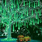 Weepong Halloween Lights Outdoor, Meteor Shower Christmas Lights for Halloween Decorations, 8 Tube 192 LED Snow Falling Rain Icicle String Light for Xmas Christmas Decor Tree Party, UL Plug Green