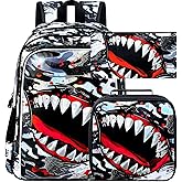 ZLYERT 3Pcs Boys Backpack, 16" Shark Bookbag for Elementary Preschool Kindergarten, Kids School Backpacks with Lunch Box(Black)