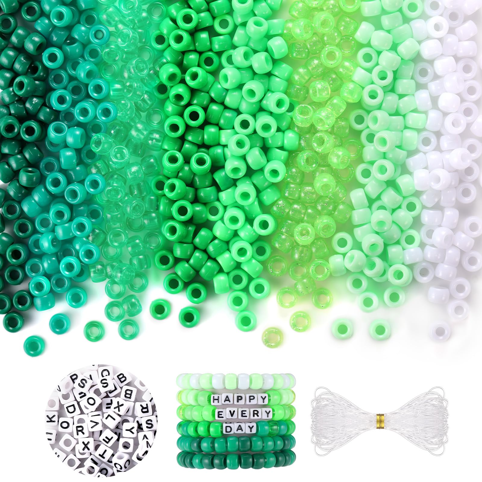 Photo 1 of Green and White Beads, 1200 Pcs Pony Beads Bulk and Letter Beads, Kandi Beads Hair Beads for Girls Adults, Plastic Beads for Bracelets Jewelry Making DIY Crafts